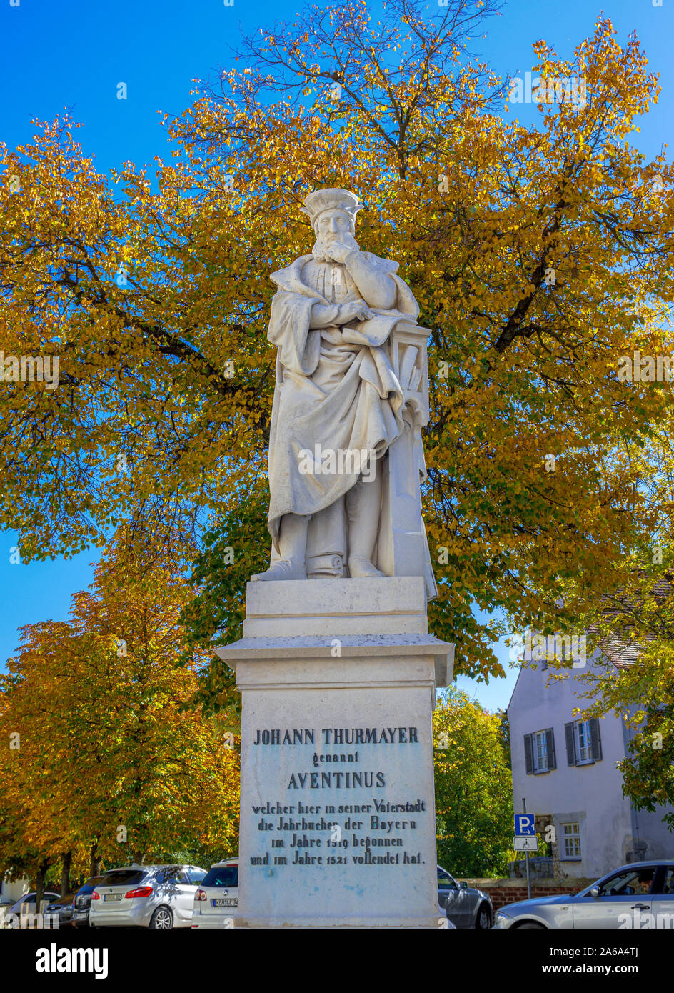 Statue of Johannes Aventinus, philologist and historian, Abensberg, Lower Bavaria, Bavaria, Germany, Europe Stock Photo