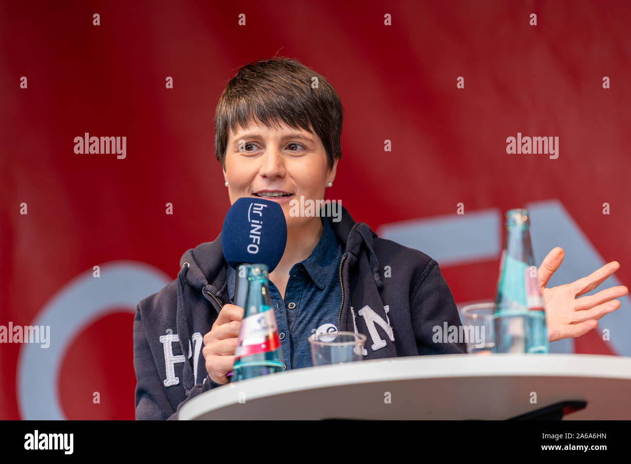 FRANKFURT AM MAIN, Germany - October 19 2019: Samantha Cristoforetti (*1977, Italian ESA astronaut) talking on stage at 71st Frankfurt Book Fair / Buchmesse Frankfurt Stock Photo