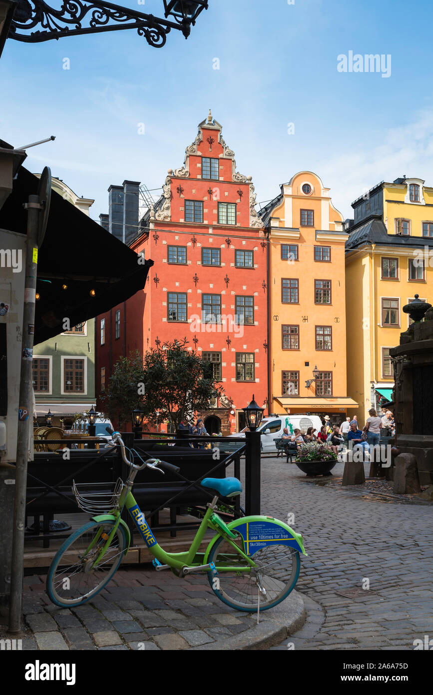 Sweden bike, view of an EU funded cycle scheme bike parked in the Old Town (Gamla Stan) area of central Stockholm, Sweden. Stock Photo