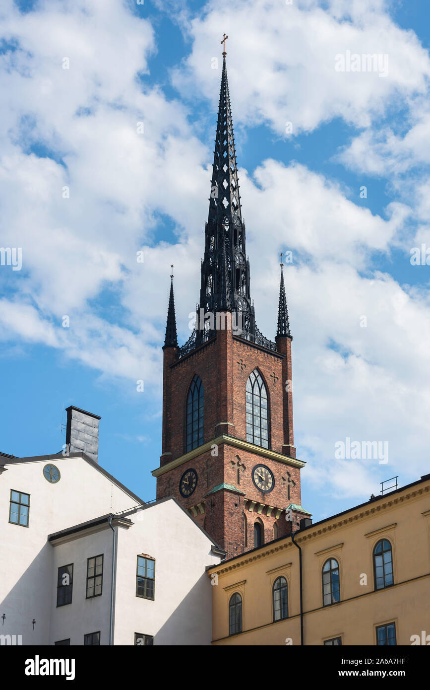 Riddarholmskyrkan church, view of the tower and spire of Riddarholmskyrkan church on Riddarholmen island in central Stockholm, Sweden Stock Photo