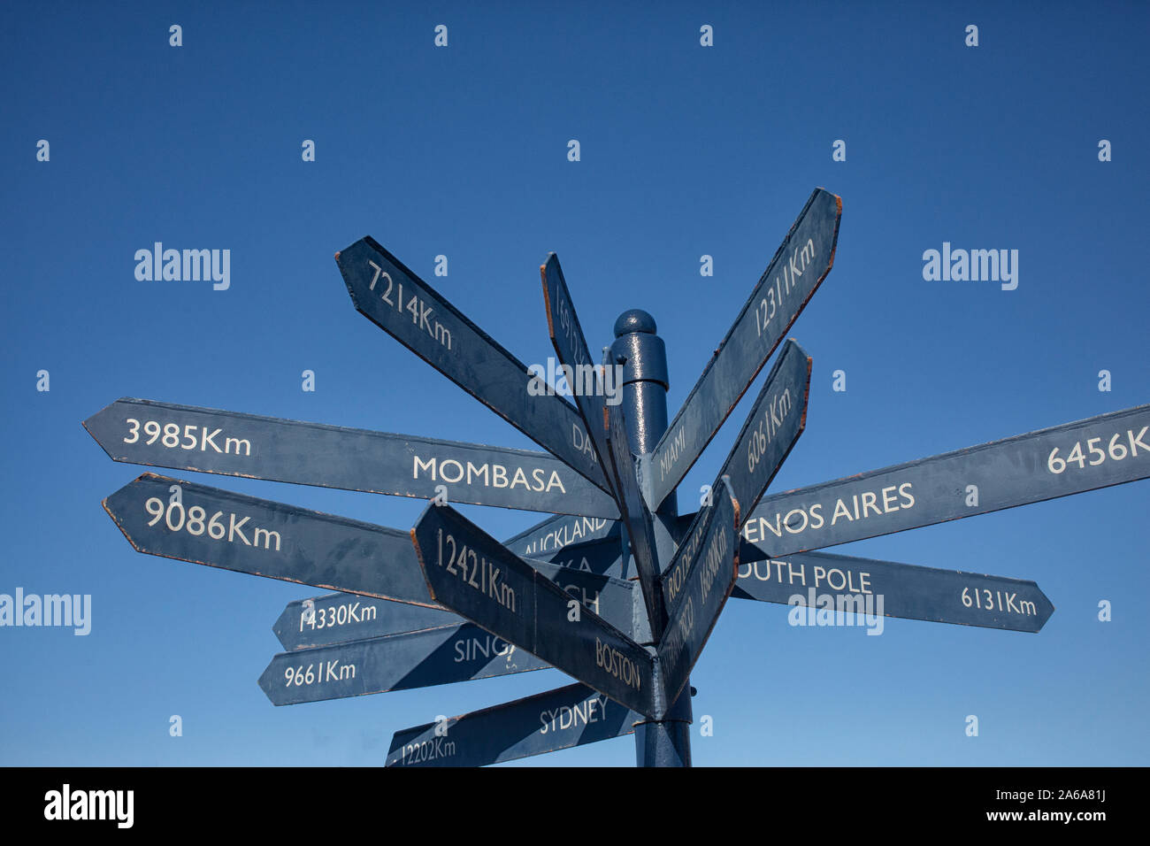 World cities distances displayed on a world signpost at the V&A waterfront Cape Town South Africa Stock Photo
