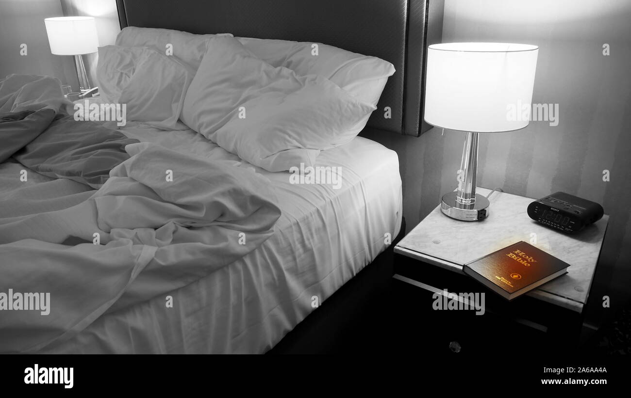 Hotel room NYC, with Gideons bible Stock Photo Alamy