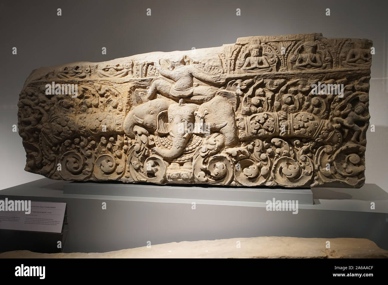 Prachin buri, Thailand - August 26, 2019: Lintel of Lord Indra riding on Airavata Elephent (Koh Ker style) in Thailand 637-717 AD. in Prachin Buri Nat Stock Photo