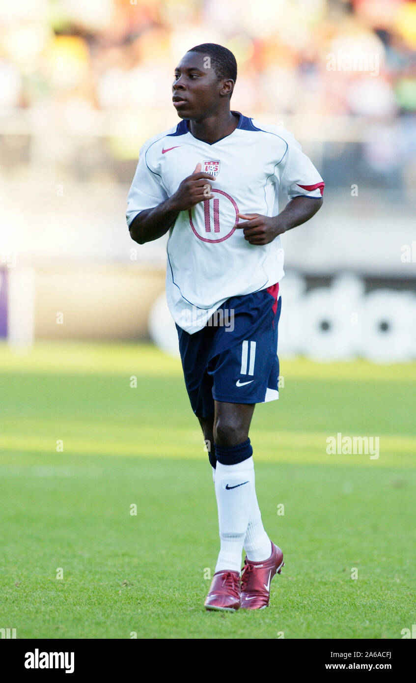 FIFA stadium Tilburg Netherlands 14.6.2005, Football: FIFA World Youth  Championships, Under-20 World Cup, USA (USA,white) vs Germany (GER,red) ;  Freddy ADU (USA Stock Photo - Alamy