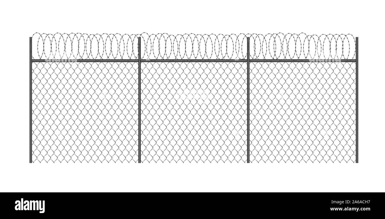 Realistic metal chain link fence with barded wire isolated Stock Vector