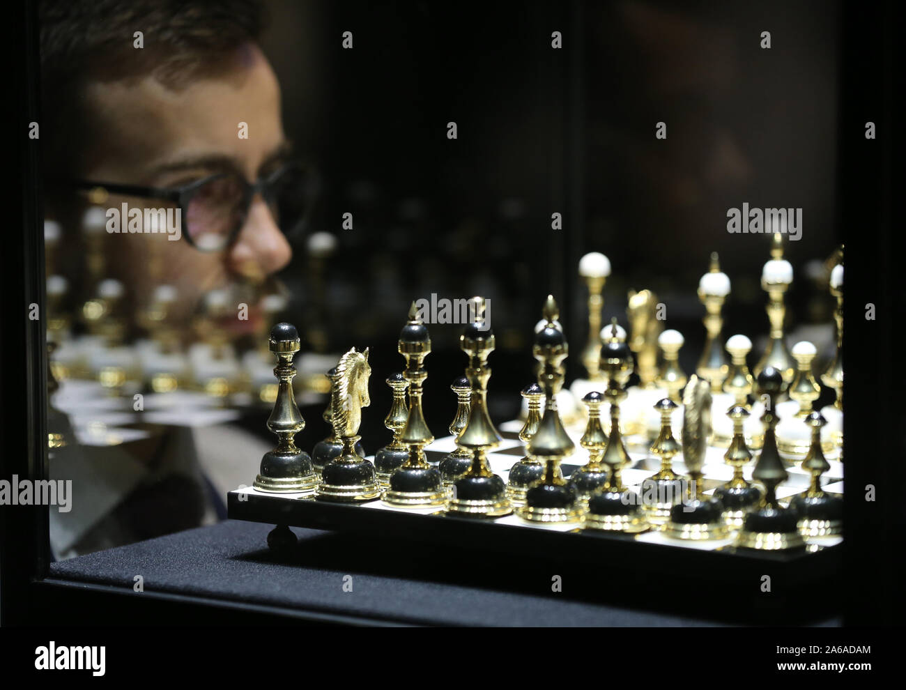 A Technician Looks At A Modern Gilt Brass Hardstone Chess Set Est 6 000 8 000 During The Preview Of Sotheby S Forthcoming Gold The Midas Touch Sale In London Stock Photo Alamy