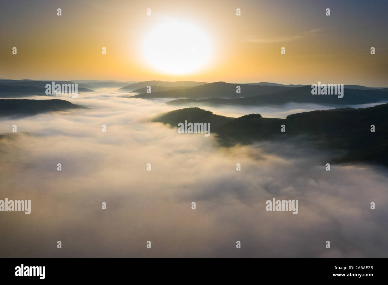 Drone flight over misty hills hi-res stock photography and images - Alamy