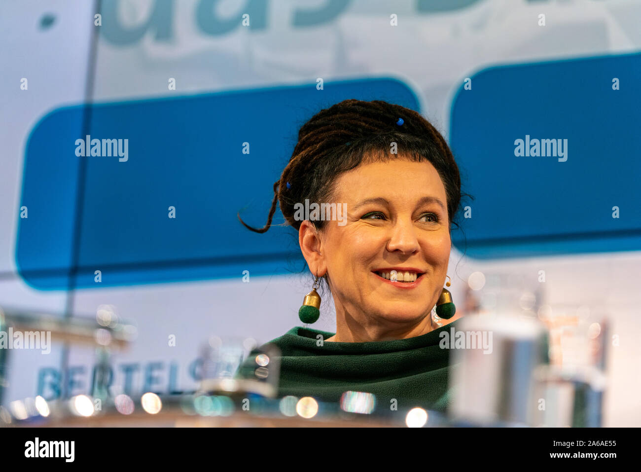 FRANKFURT AM MAIN, Germany - October 16 2019: Olga Tokarczuk (*1962, author - Nobel Prize Winner in Literature 2018) talking on stage at 71st Frankfurt Book Fair / Buchmesse Frankfurt Stock Photo