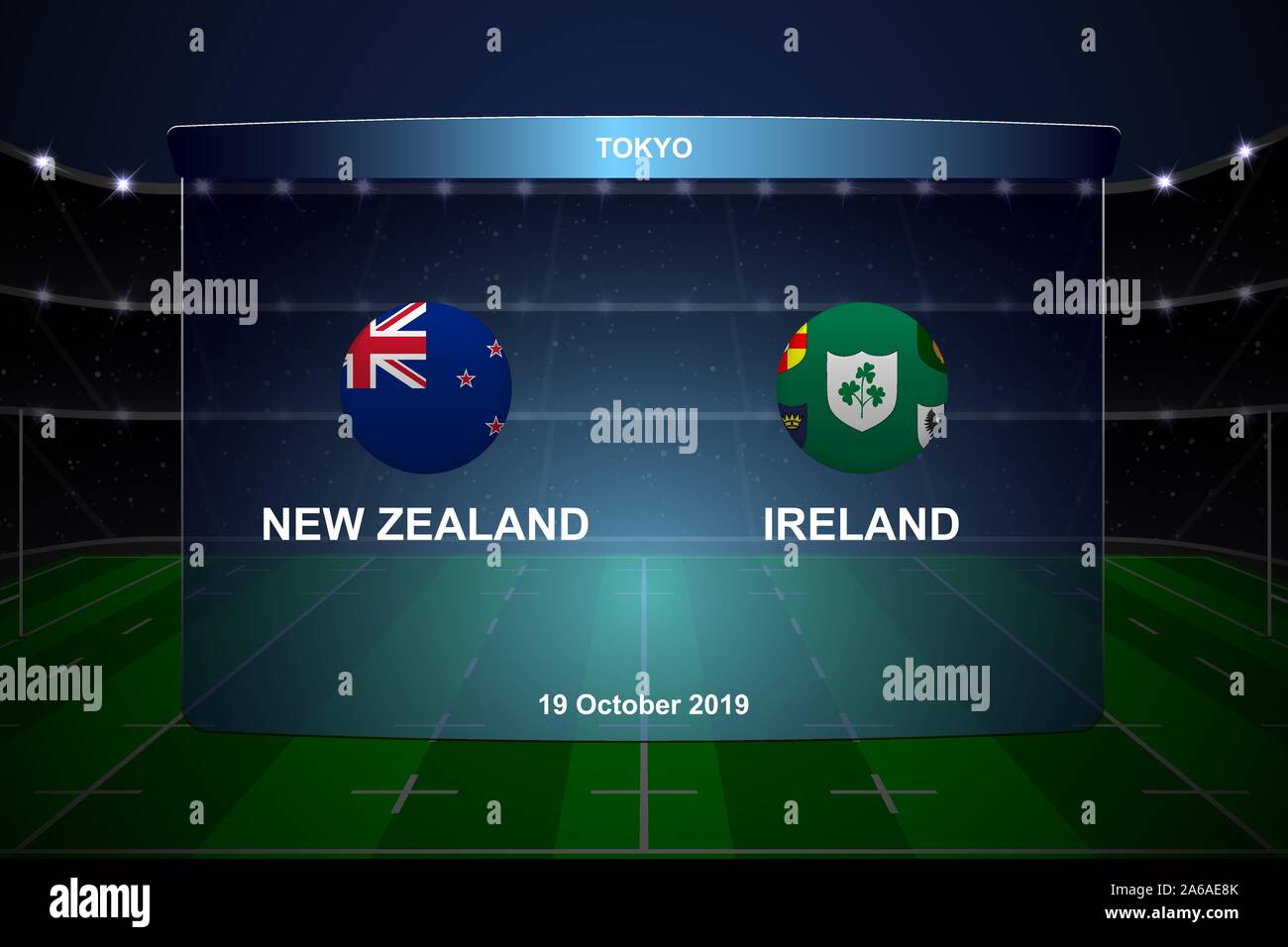 New Zealand vs Ireland, Rugby cup scoreboard broadcast graphic template