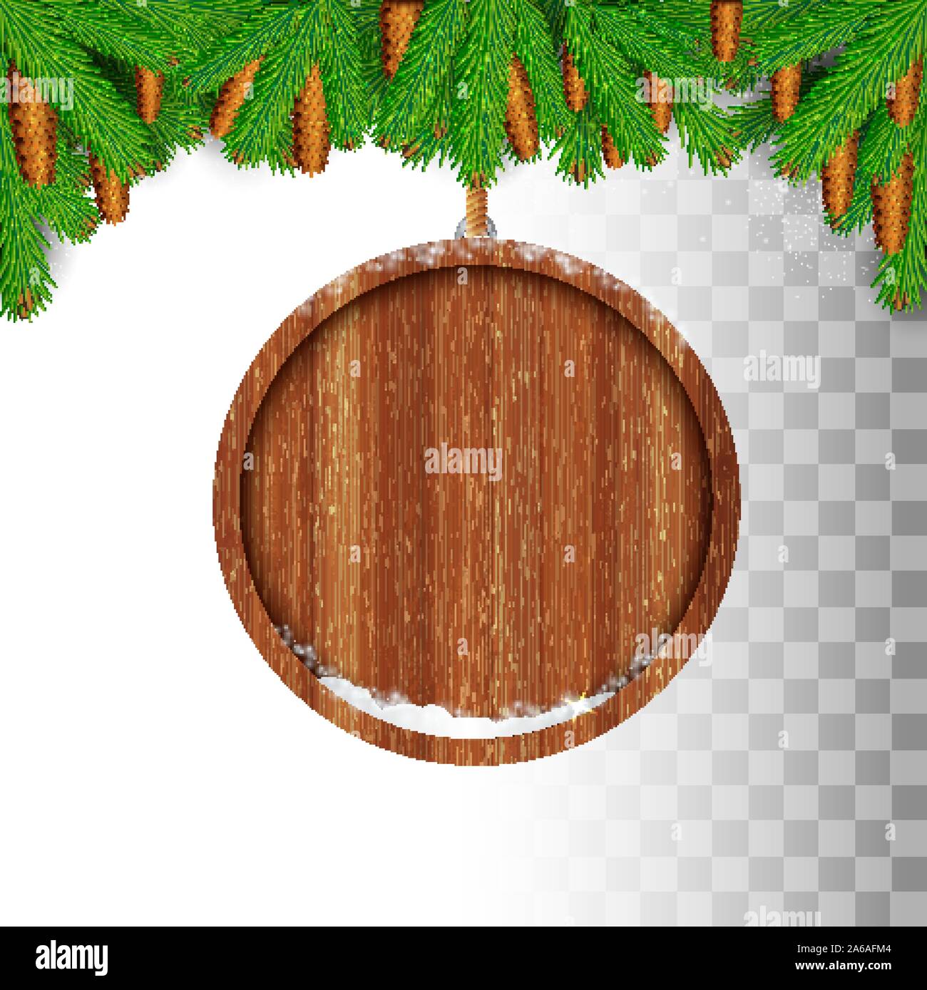 Round wood border hung from fir tree branch on white. Christmas background Stock Vector