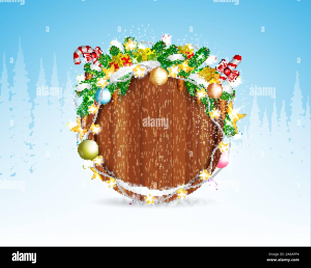 Snowy fir tree branch cones and presents on round wood border. Winter ...