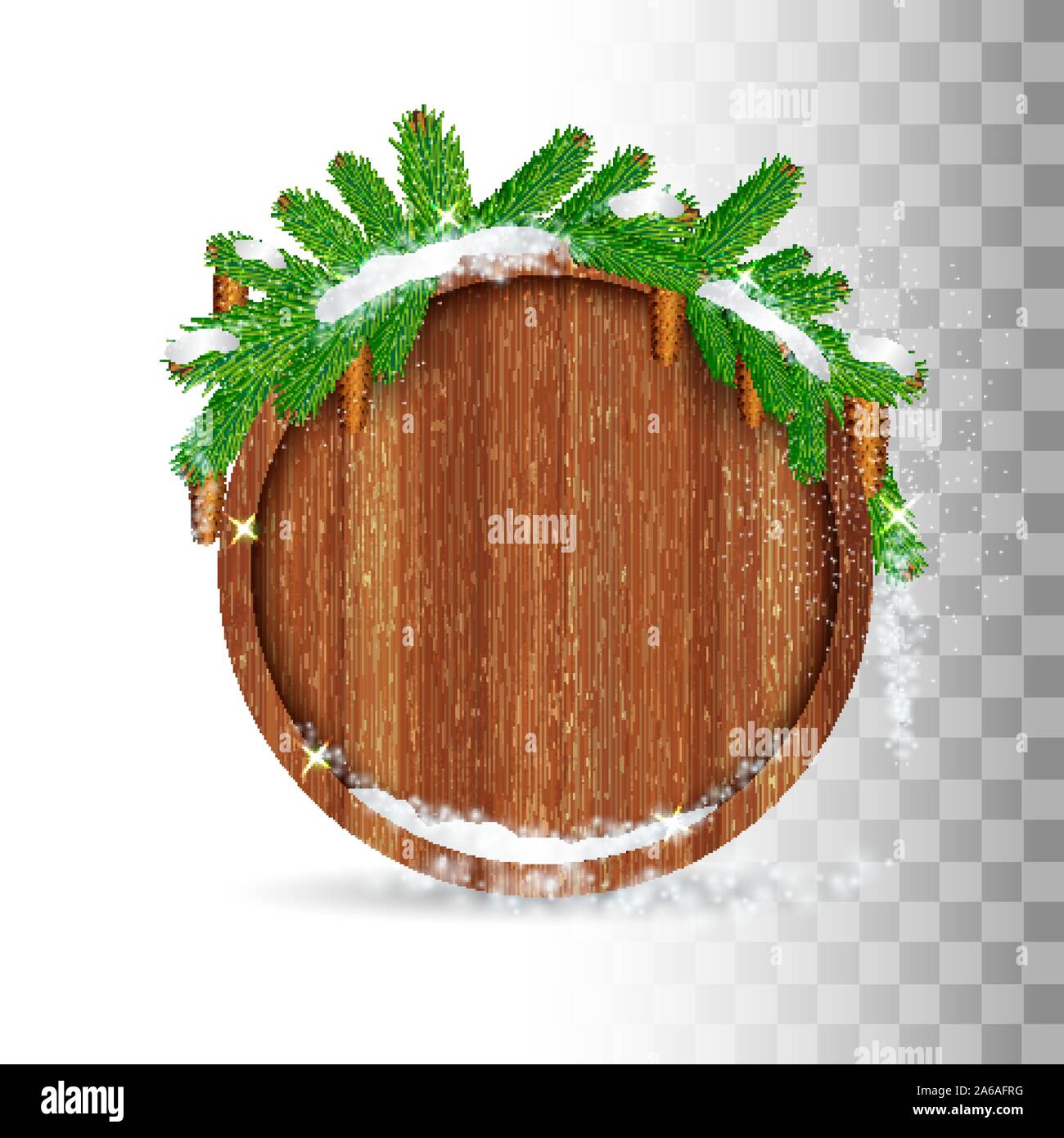 Snowy fir tree branch with cones lay on top of round wood border ...