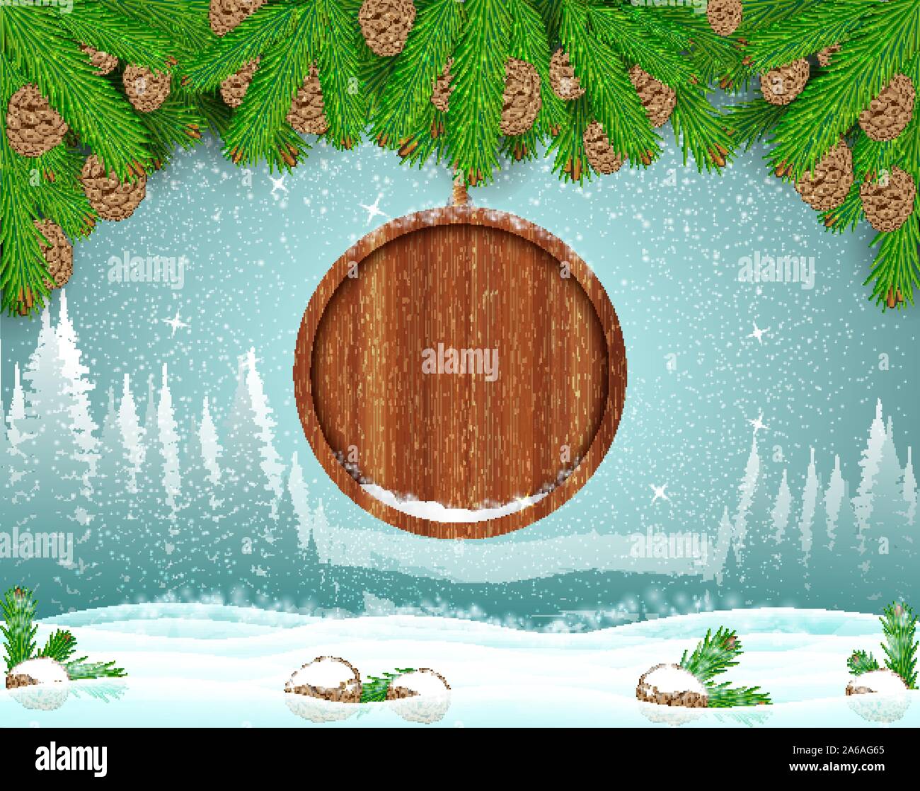 Winter frost landscape with round wood border hung from fir tree branch. Christmas horizontal background Stock Vector