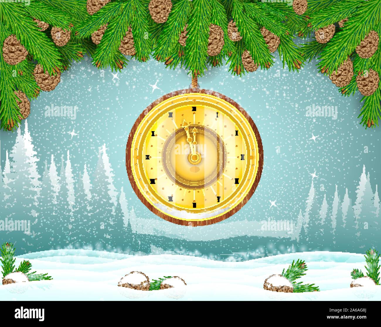 Winter frost landscape with round golden clock hung from fir tree branch. Christmas horizontal background Stock Vector