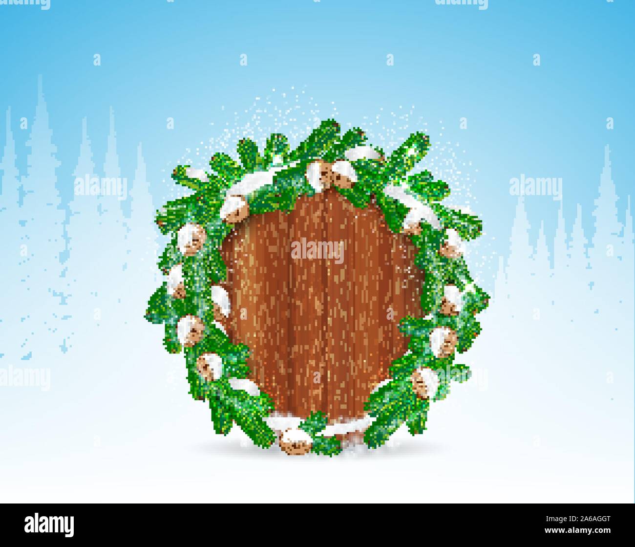 Wreath from snowy fir tree branch and cones on round wood border ...