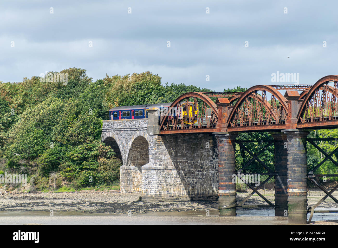 Train passing over the railway bridge crossing the River Tavy, north of Plymouth, Devon, UK Stock Photo