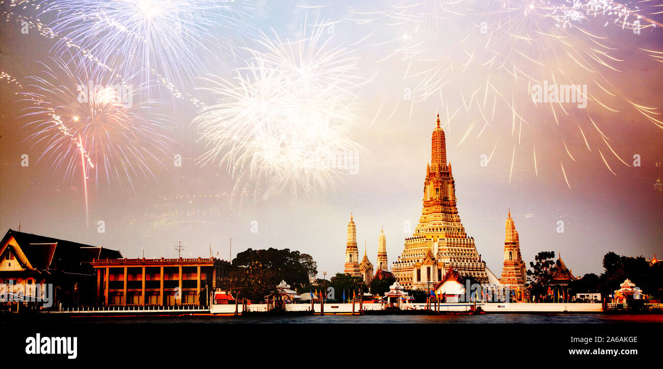 fireworks over Bangkok Wat Arun  New Year destination Stock Photo