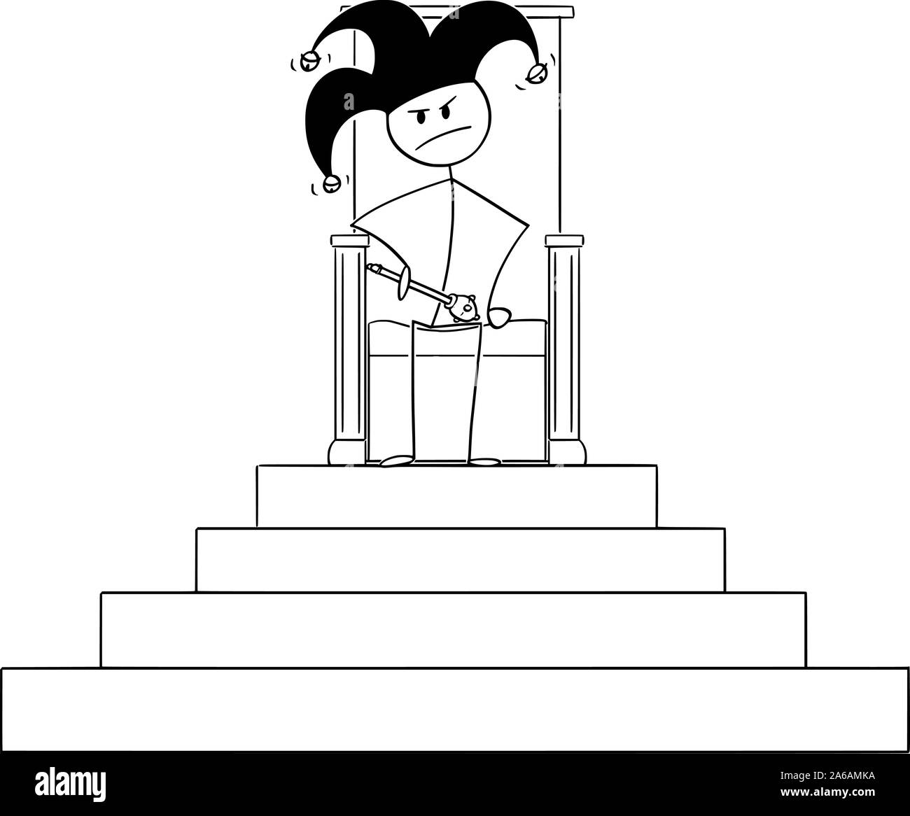 Vector cartoon stick figure drawing conceptual illustration of jester or fool sitting on throne of king. Concept of wrong person with power. Stock Vector