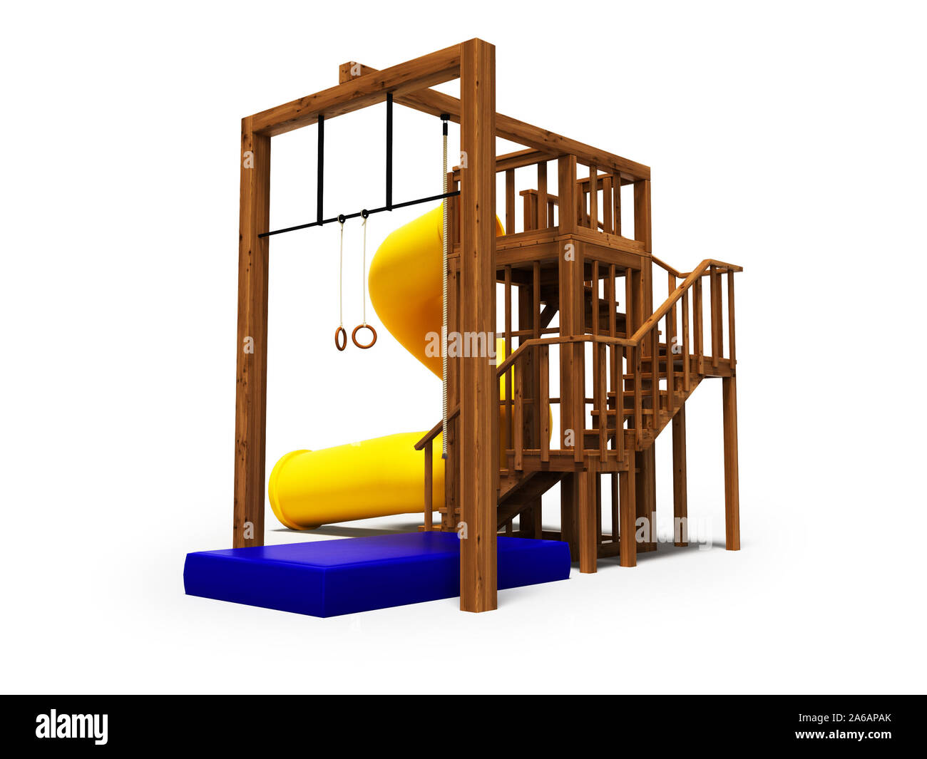 Modern wooden playground for kids with big yellow spring slide 3d