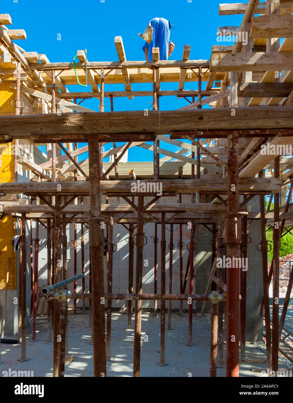 concrete work workers carpenters preparing construction formwork for