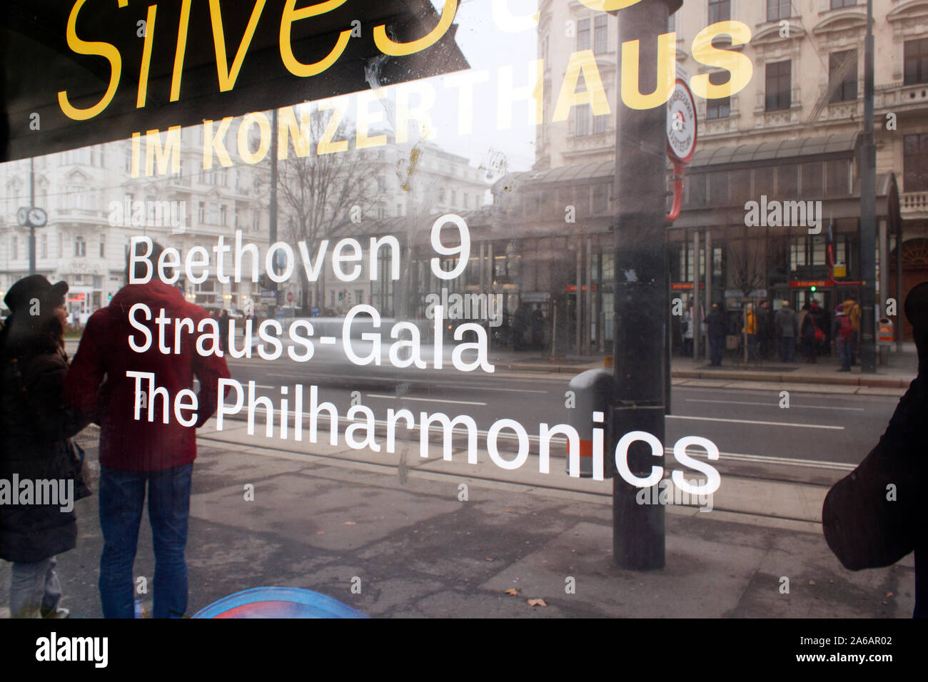 Advert for musical concert on busstop shelter in Vienna, Austria Stock Photo