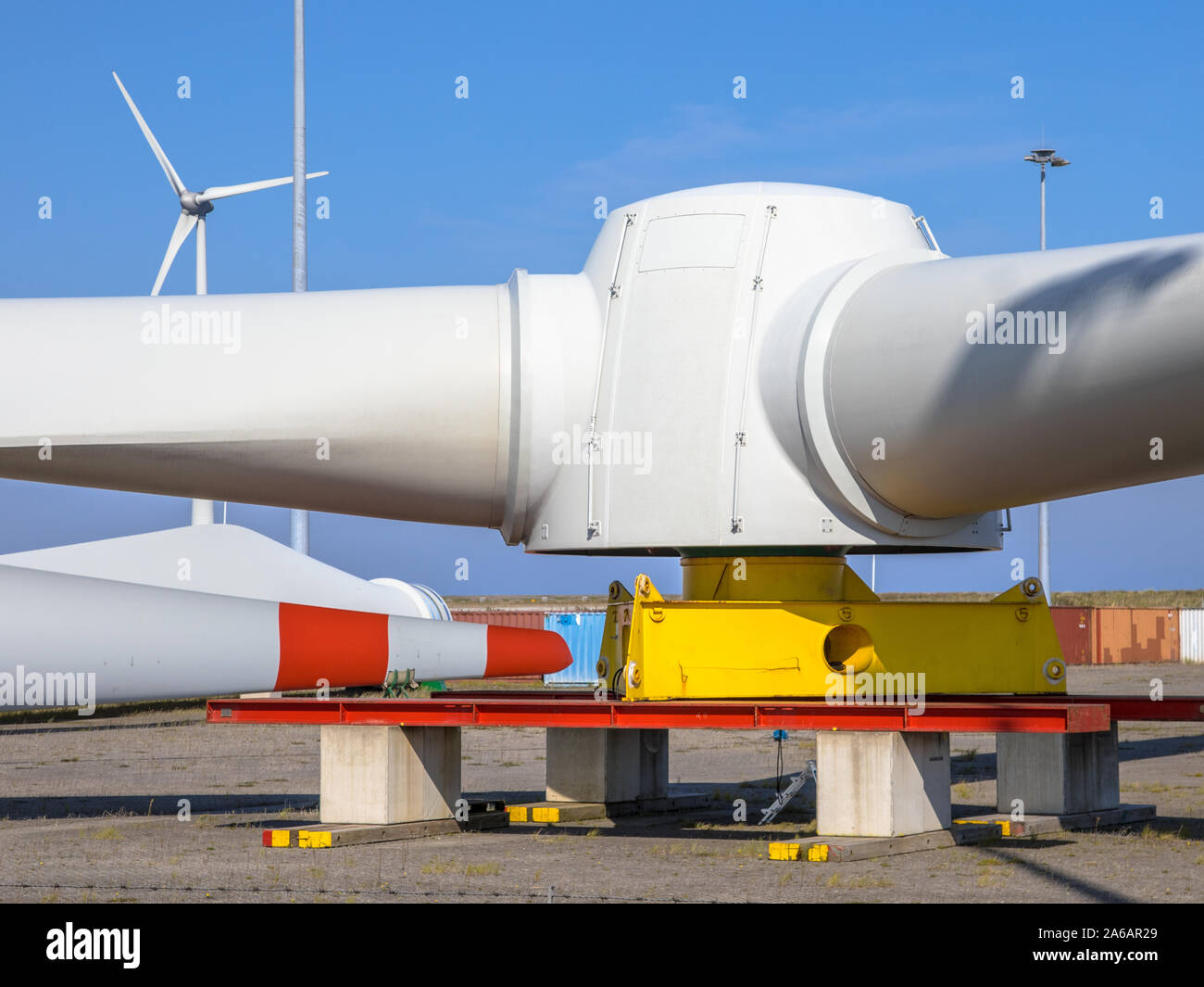 Giant rotors of wind turbine on windmill construction yard to build