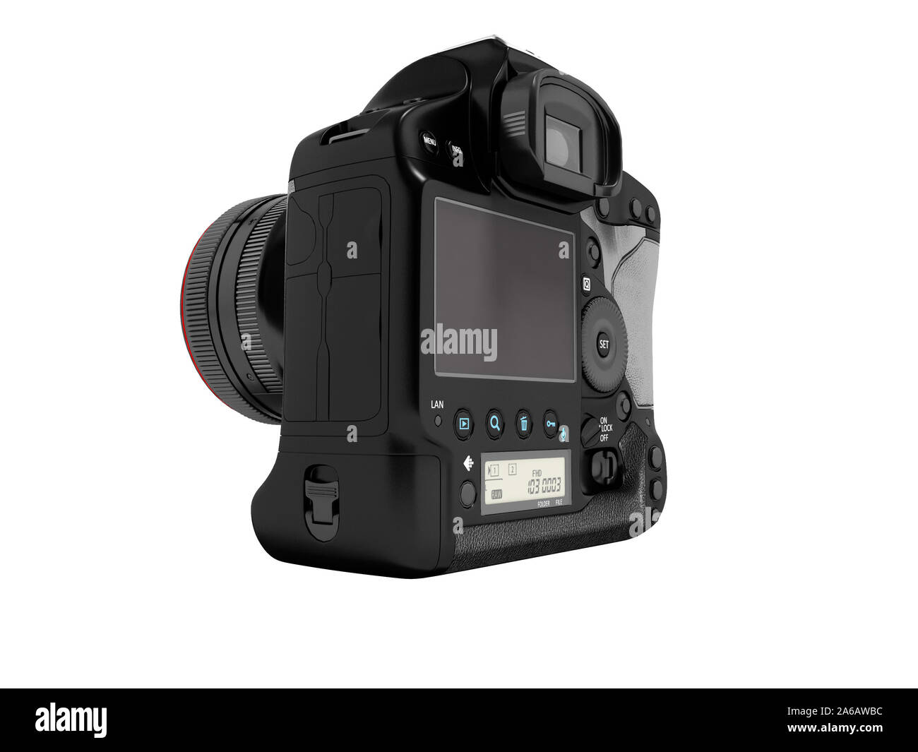 New black professional photo camera rear view 3d render on white ...