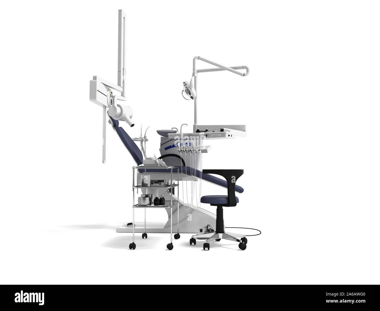 White dental chair with blue inserts with light and functionality for