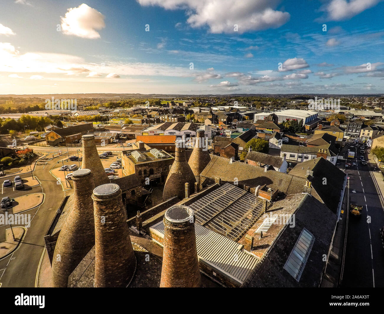 Aerial view of the famous bottle kilns at Gladstone Pottery Museum in Stoke on Trent, Pottery manufacturing, 30+ images available Stock Photo