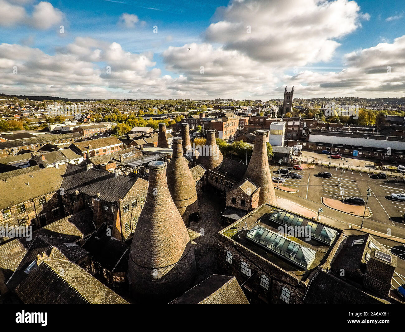 Aerial view of the famous bottle kilns at Gladstone Pottery Museum in