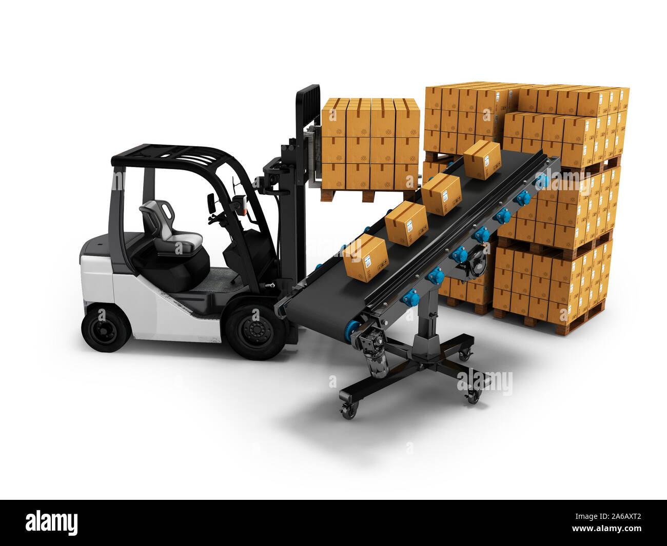 Unloading Stuff Modern unloading of goods by forklift in paper boxes 3d render on white ...