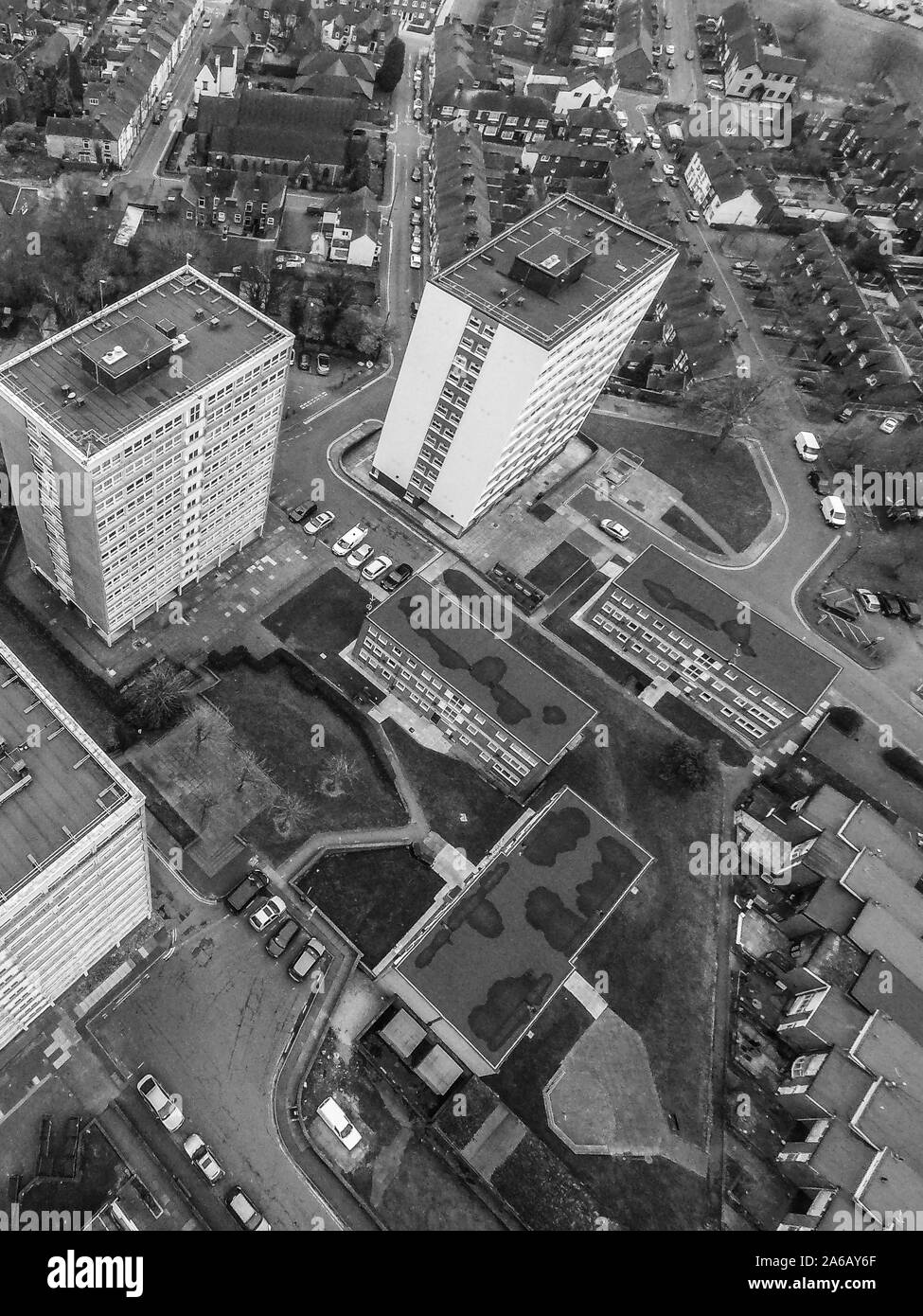 Aerial view of high rise tower blocks, flats built in the city of Stoke