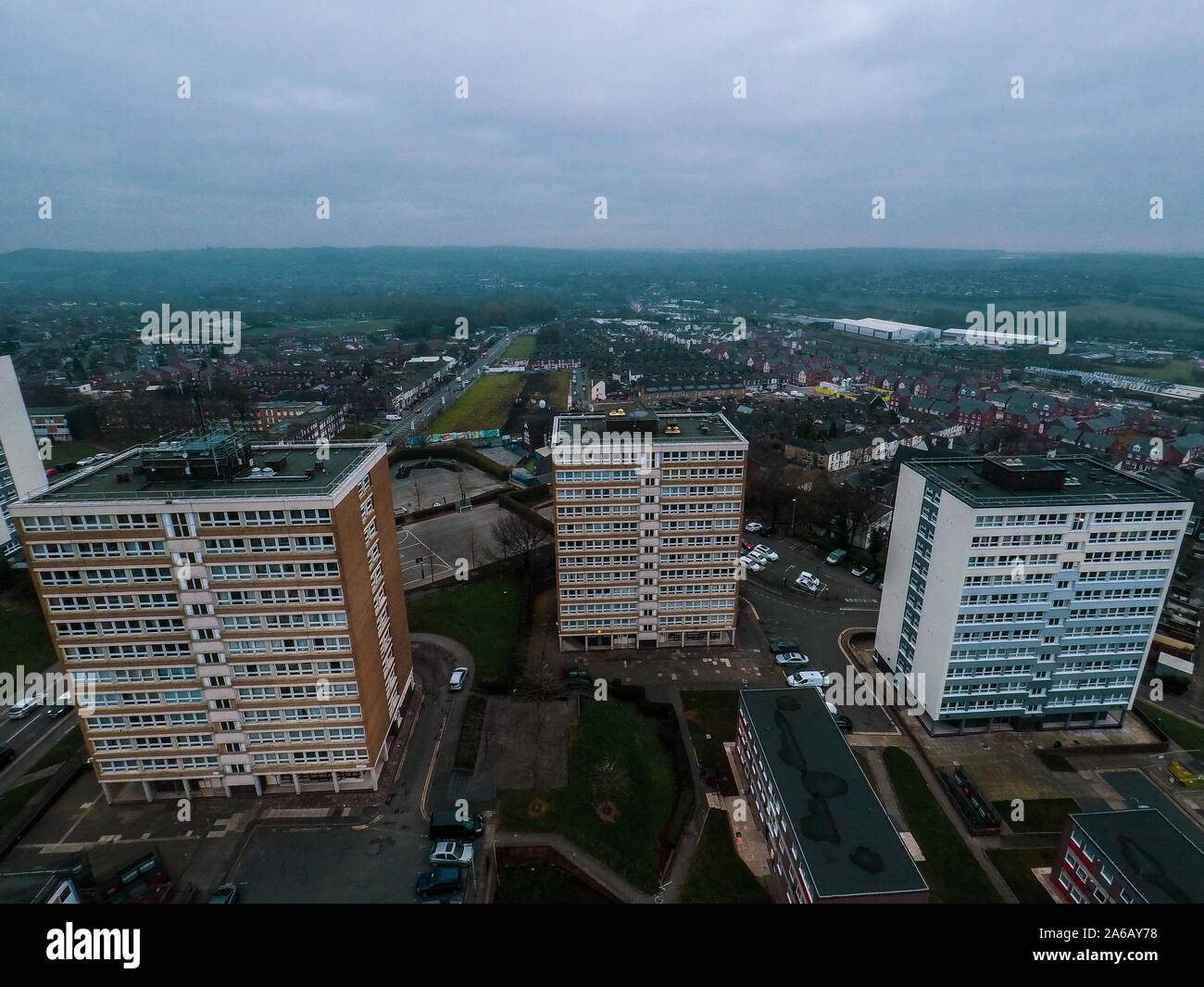 Aerial view of high rise tower blocks, flats built in the city of Stoke