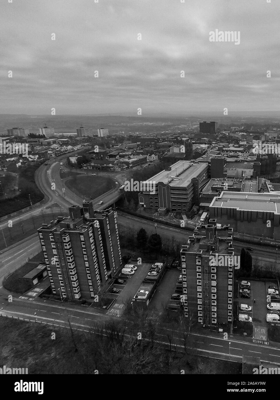 Aerial view of high rise tower blocks, flats built in the city of Stoke