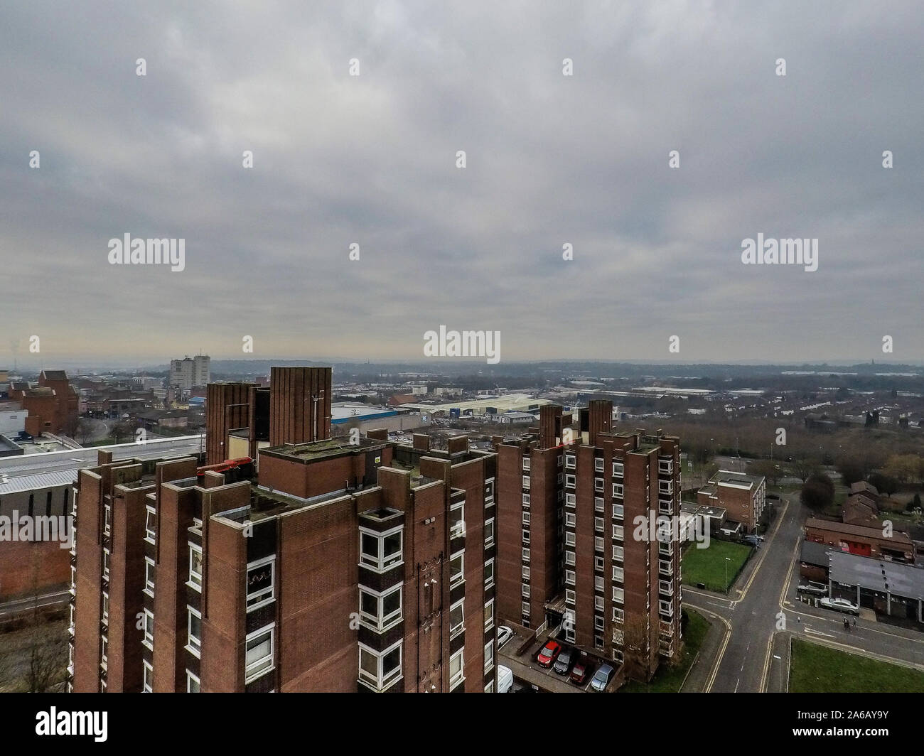 Aerial view of high rise tower blocks, flats built in the city of Stoke