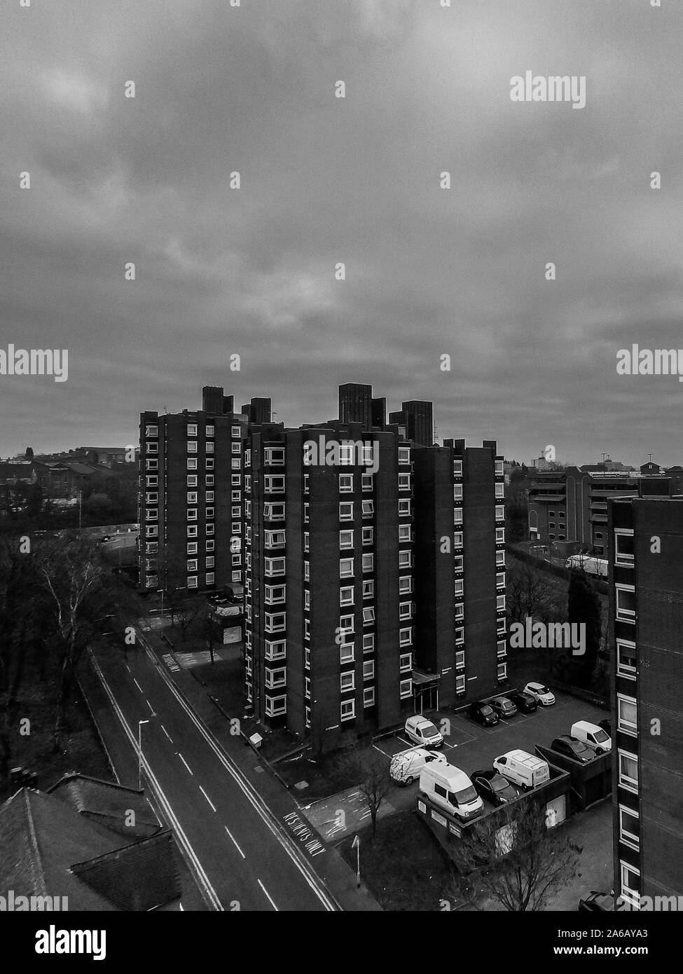 Aerial view of high rise tower blocks, flats built in the city of Stoke