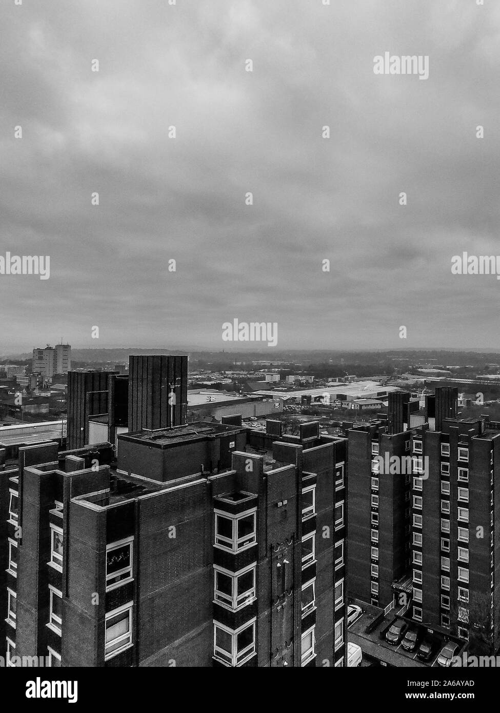 Aerial view of high rise tower blocks, flats built in the city of Stoke