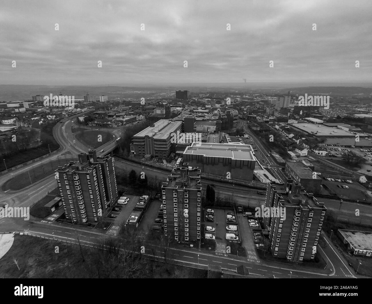 Aerial view of high rise tower blocks, flats built in the city of Stoke