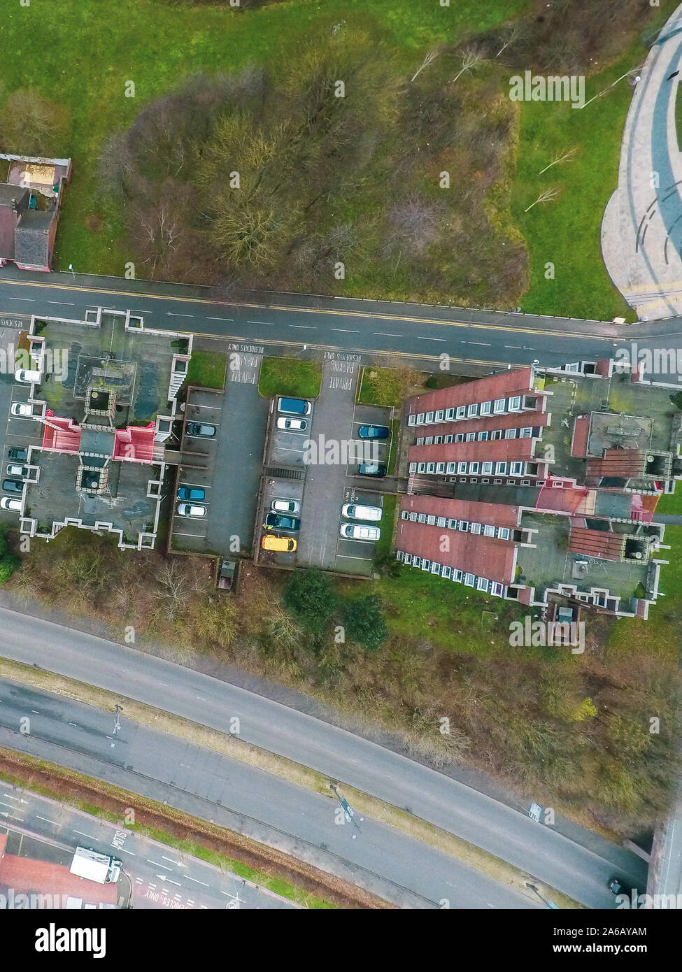 Aerial view of high rise tower blocks, flats built in the city of Stoke