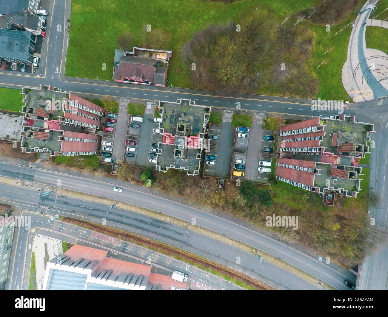 Aerial view of high rise tower blocks, flats built in the city of Stoke