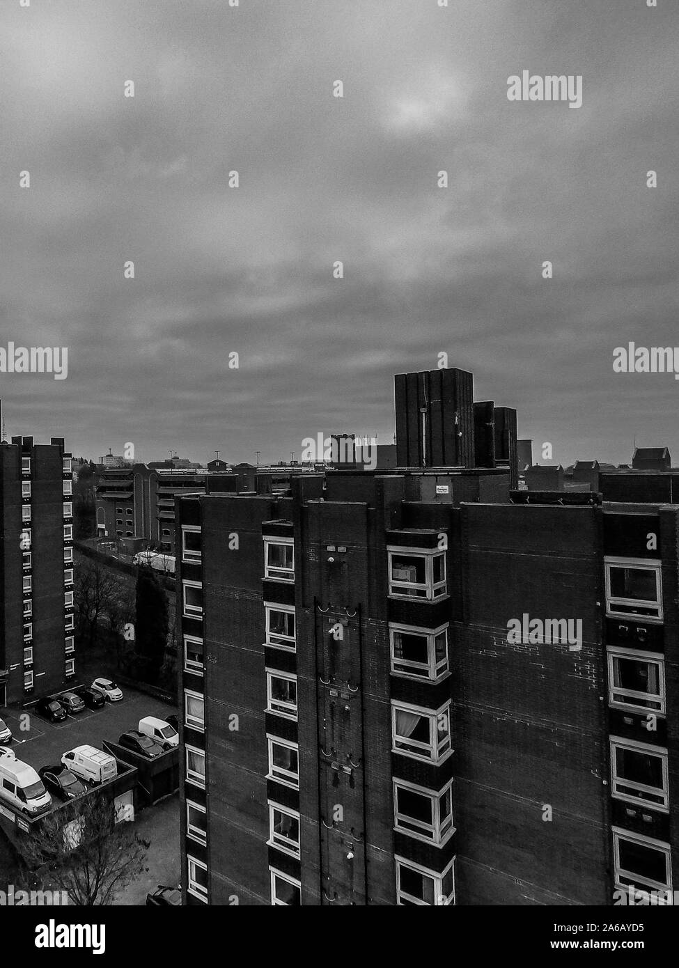 Aerial view of high rise tower blocks, flats built in the city of Stoke