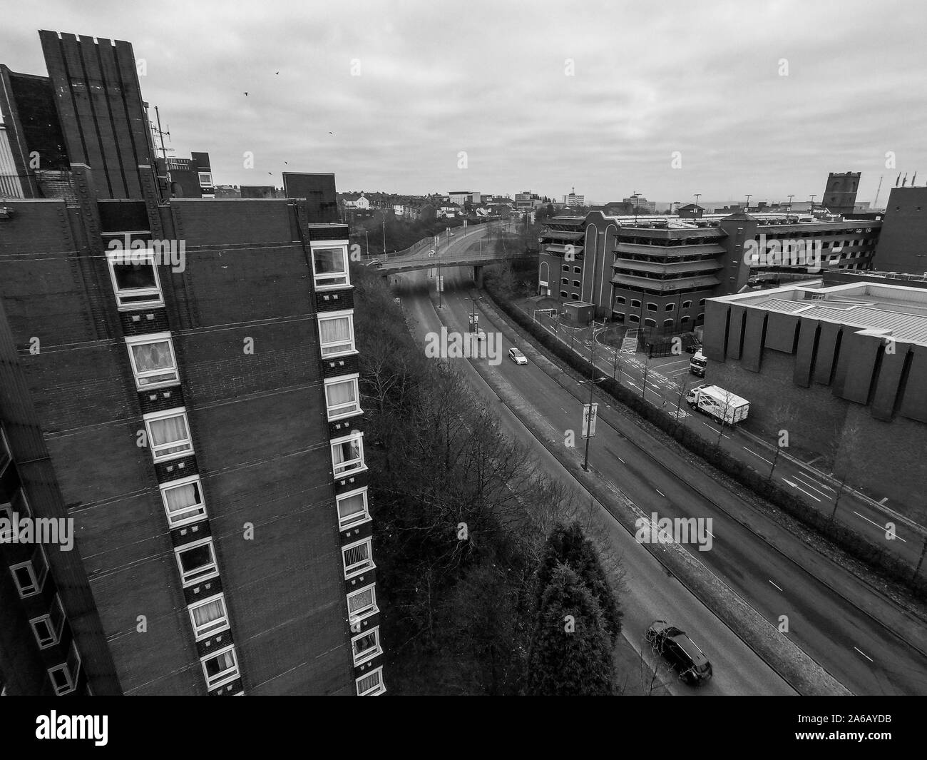 Aerial view of high rise tower blocks, flats built in the city of Stoke