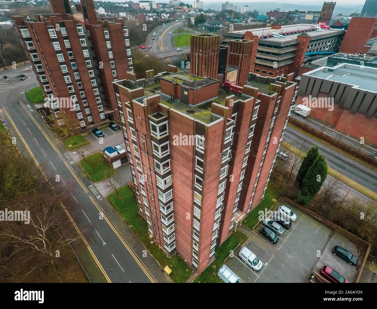 Aerial view of high rise tower blocks, flats built in the city of Stoke