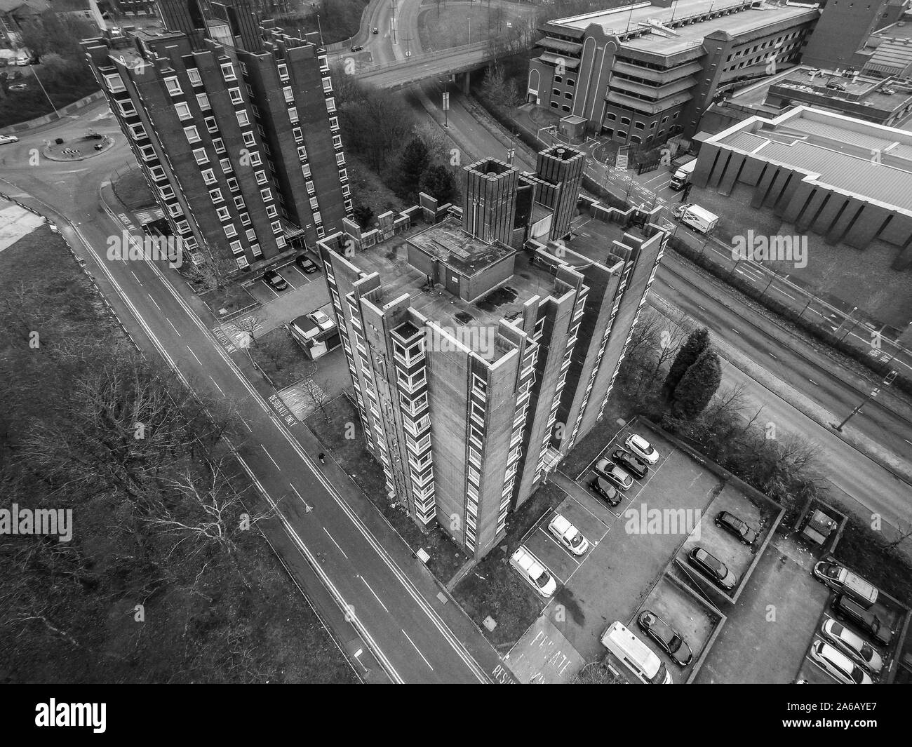 Aerial view of high rise tower blocks, flats built in the city of Stoke