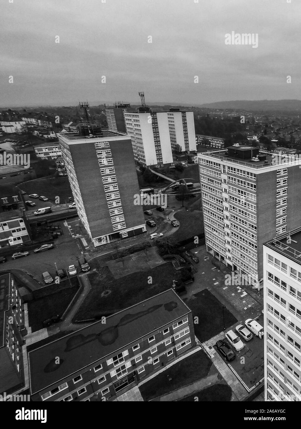 Aerial view of high rise tower blocks, flats built in the city of Stoke