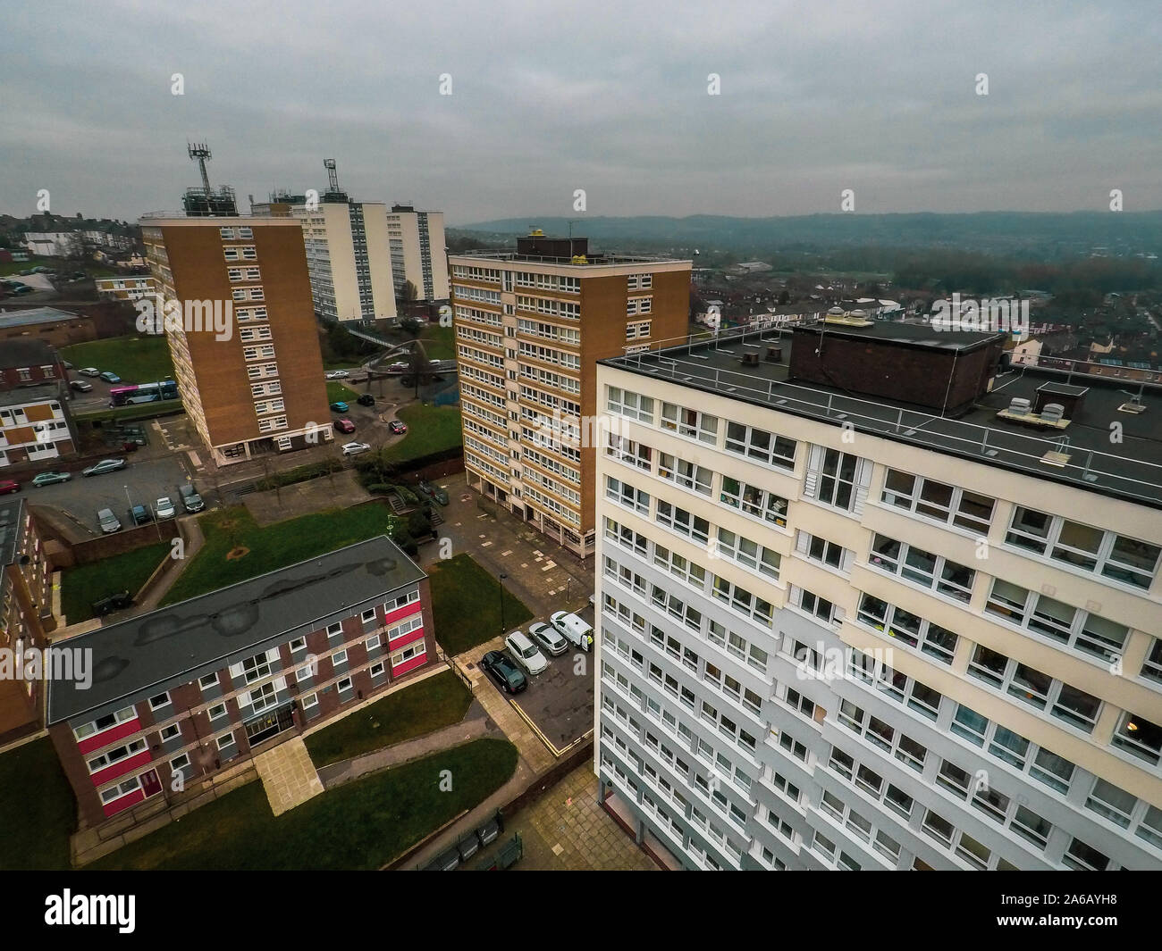 Aerial view of high rise tower blocks, flats built in the city of Stoke