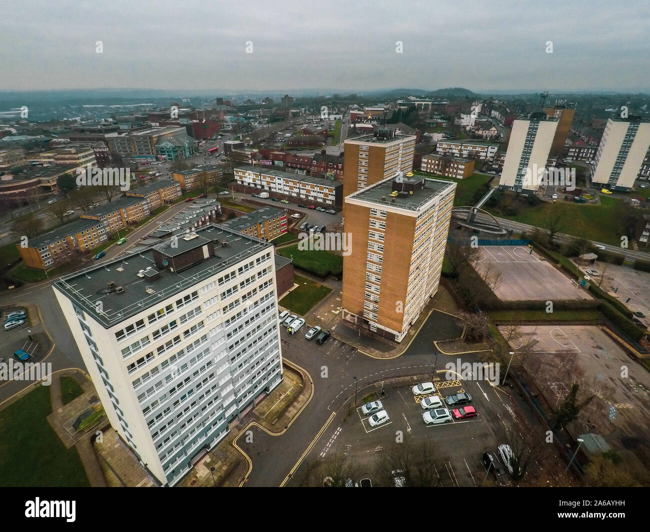 Aerial view of high rise tower blocks, flats built in the city of Stoke