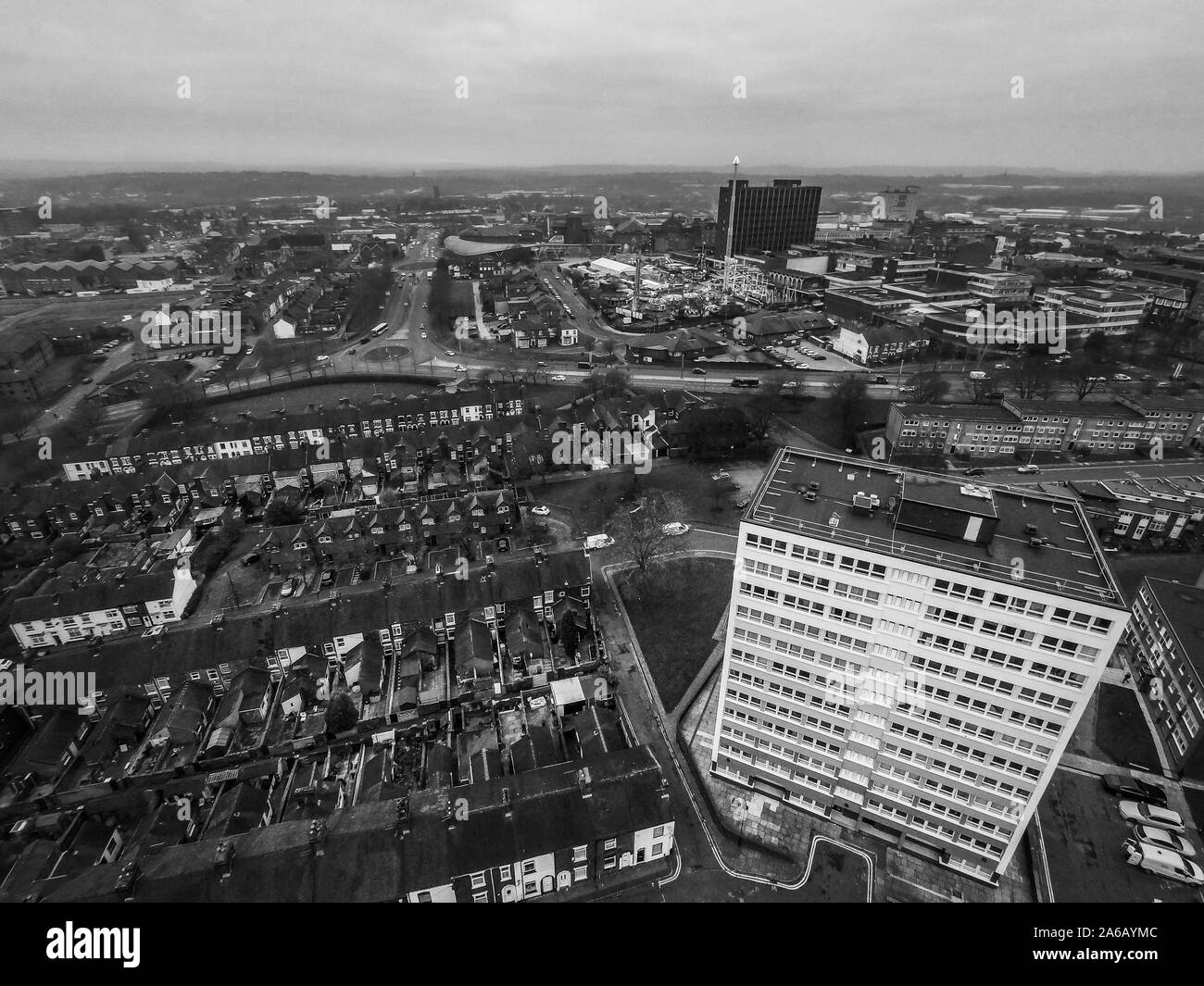 Aerial view of high rise tower blocks, flats built in the city of Stoke
