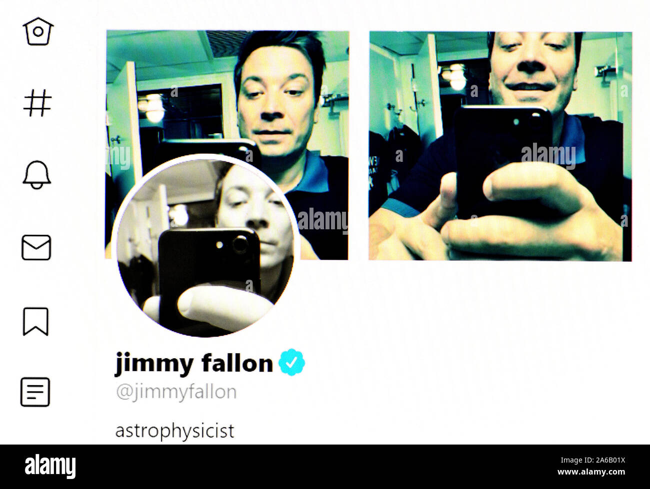 Twitter page (Oct 2019) Jimmy Fallon - astrophysicist Stock Photo