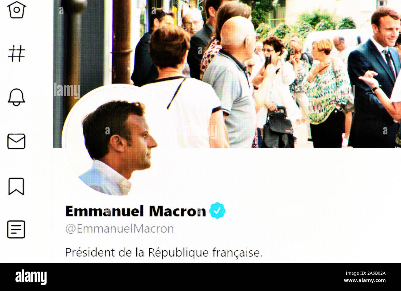 Twitter page (Oct 2019) Emmanuel Macron - French President Stock Photo